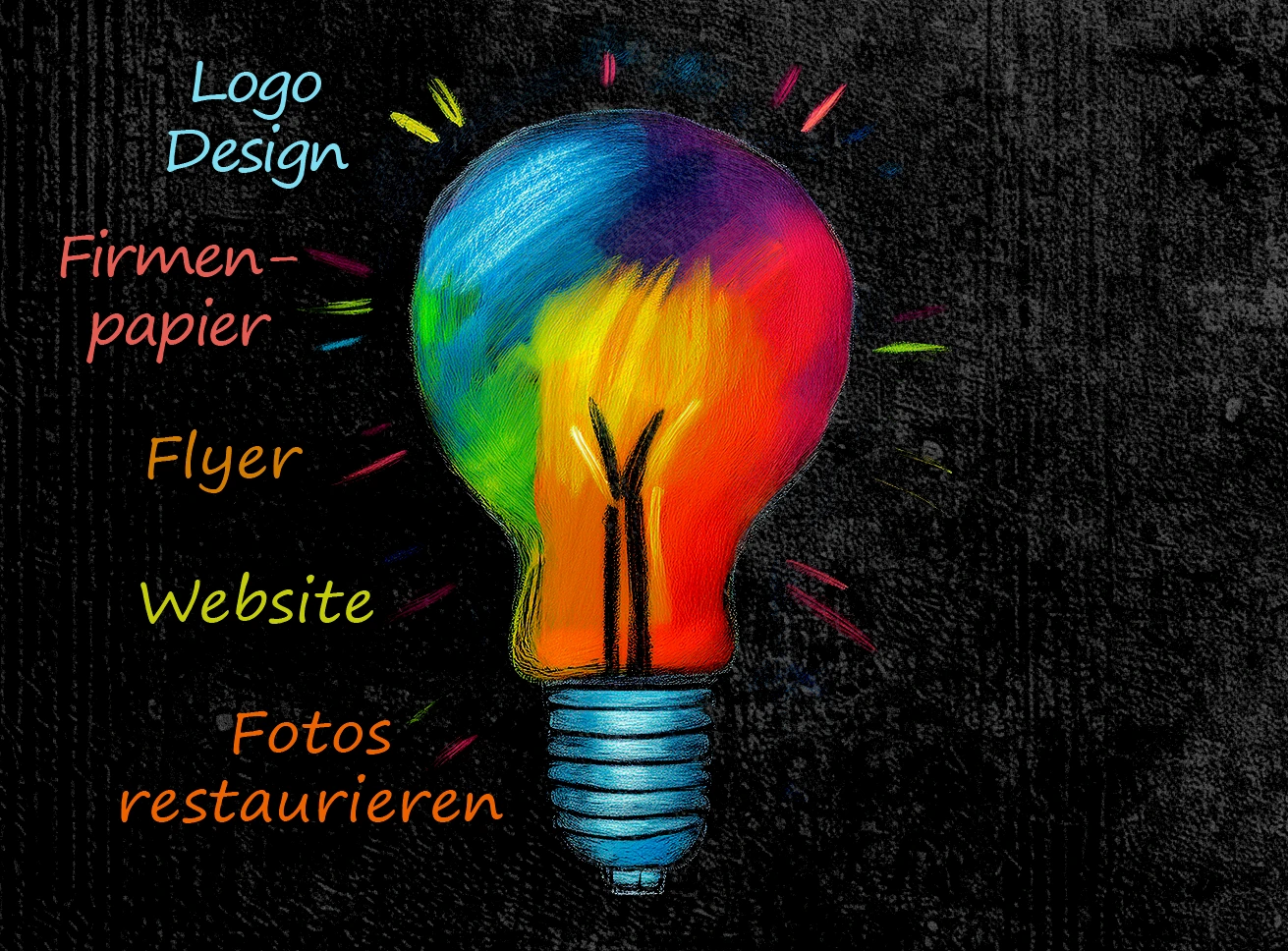 Farbig gezeichnete Glühbirne mit den Leistungen Logo Design, Firmenpapier, Flyer, Website, Fotorestaurierung und Werbeträger